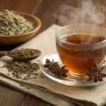 A steaming cup of Anise Tea with star anise and anise seeds on a rustic wooden table.