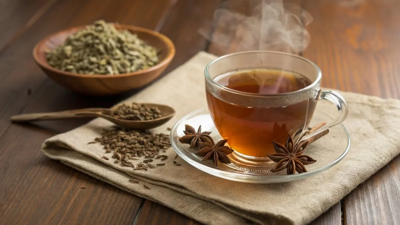 A steaming cup of Anise Tea with star anise and anise seeds on a rustic wooden table.