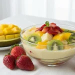 A bowl of Nata Fruit Pudding topped with fresh kiwi, mango, pineapple, and strawberries, with a background of sliced mango.