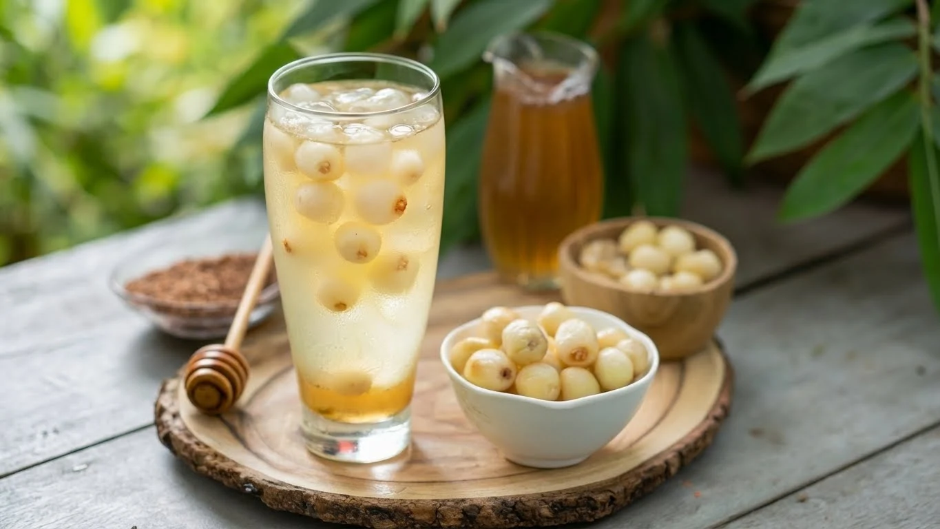 Lotus Seed Honey Drink served in a glass with lotus seeds, honey, and additional ingredients on a wooden tray.