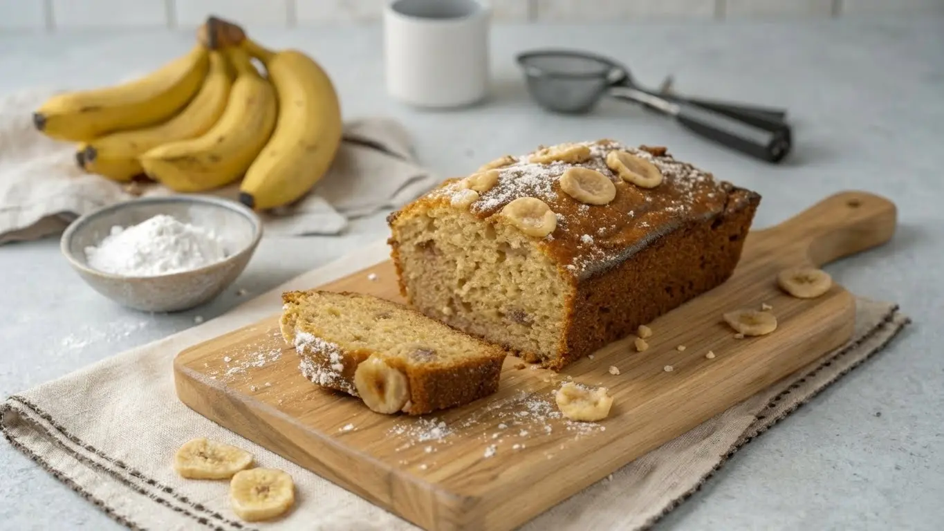 Sliced banana bread loaf with banana slices on top, served on a wooden cutting board.