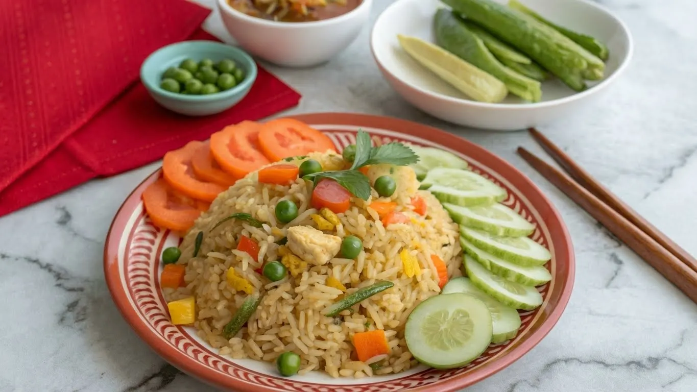 Anjappar Egg Fried Rice served with fresh cucumber slices, carrots, and green peas, garnished with cilantro.