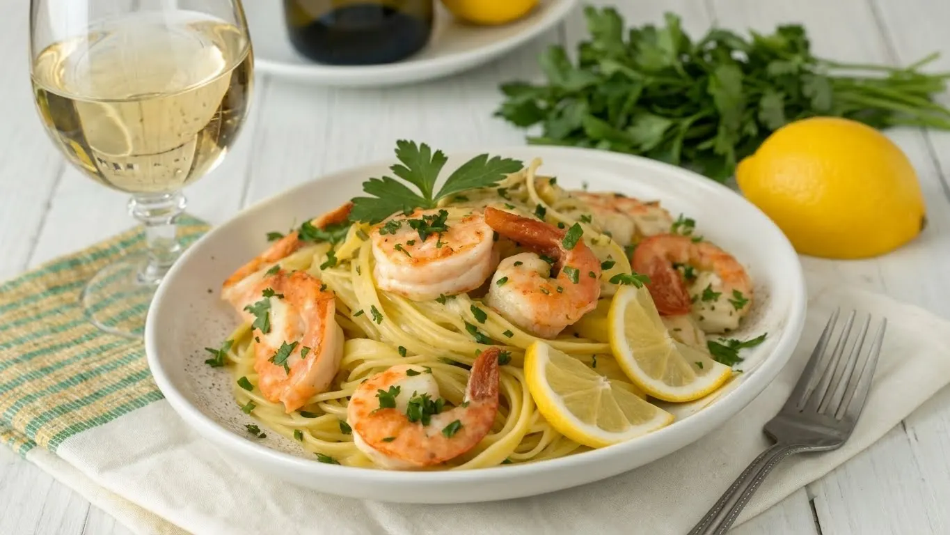 Shrimp scampi with pasta, garnished with fresh parsley and lemon slices, served with a glass of white wine.