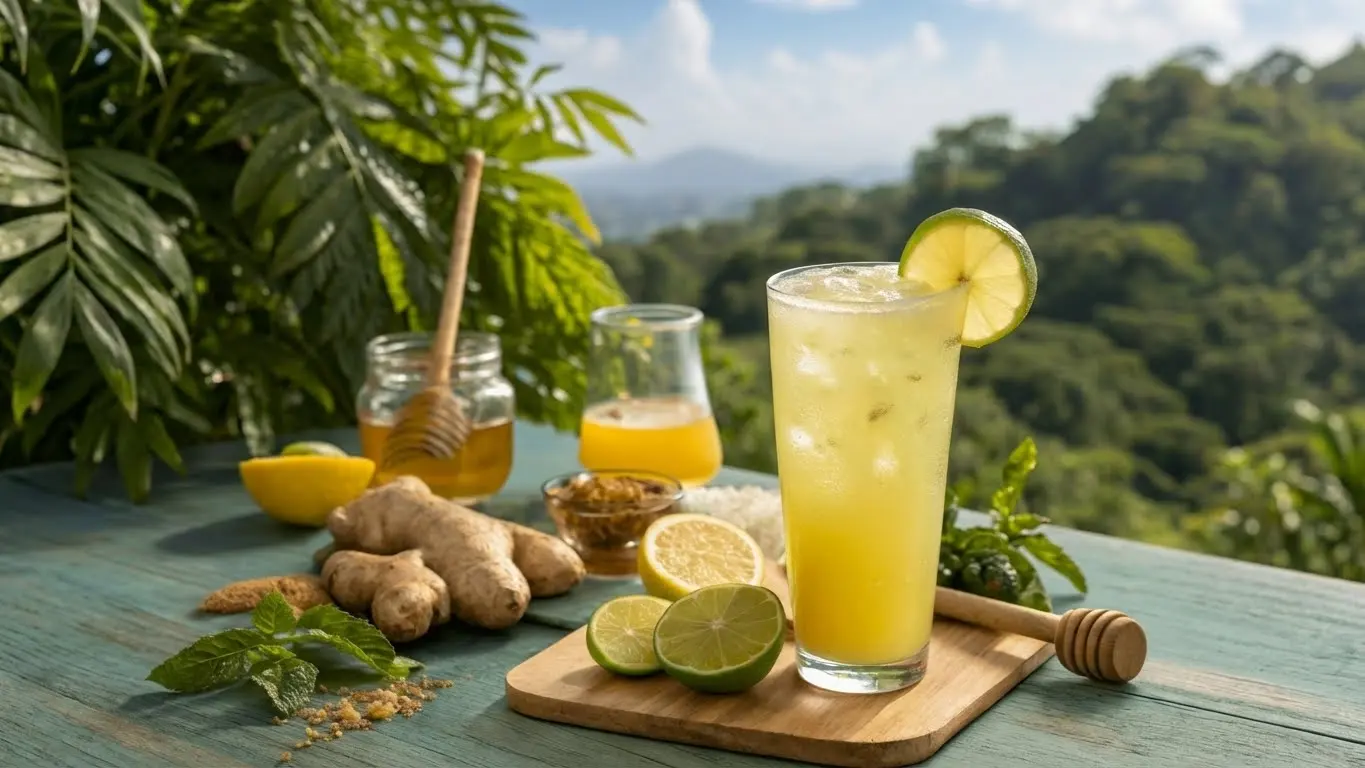 A refreshing glass of Brazilian Mounjaro Recipe with lemon, ginger, honey, and fresh herbs on a sunny outdoor table.