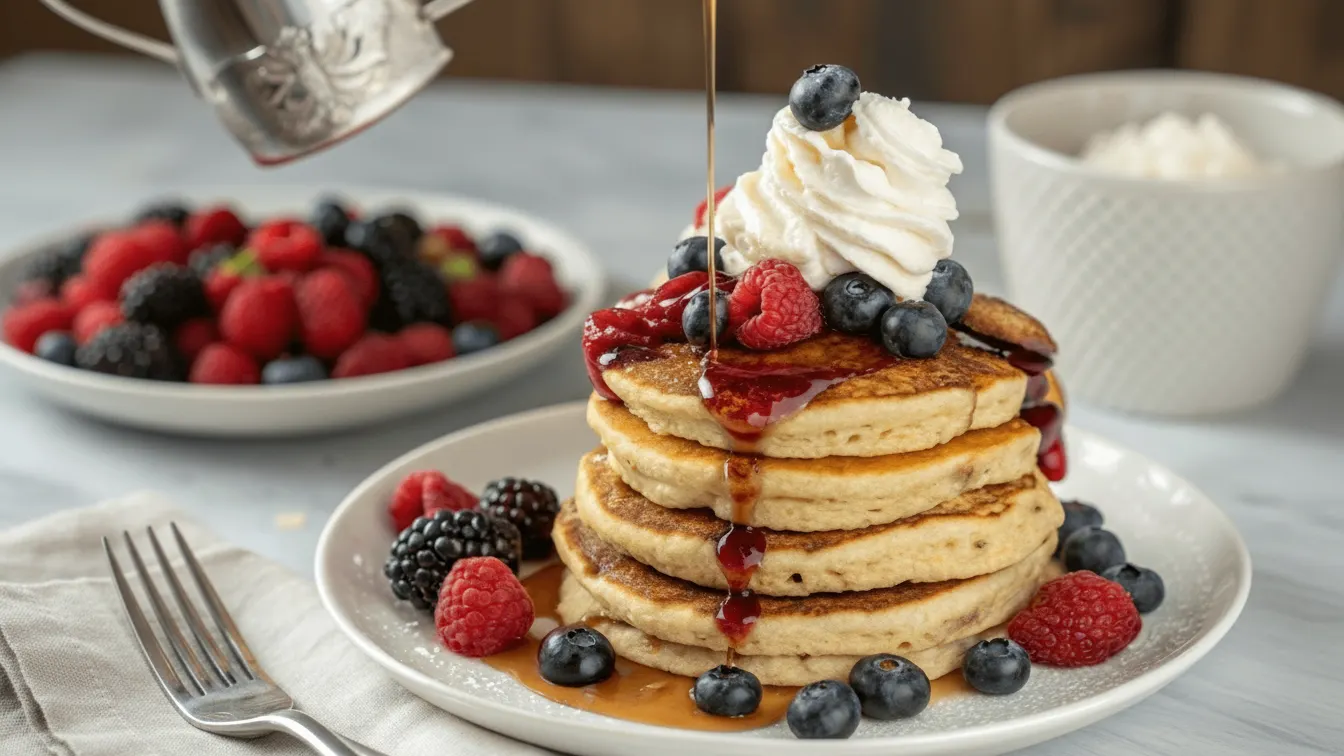Stack of fluffy pancakes topped with fresh berries, whipped cream, and syrup drizzle.