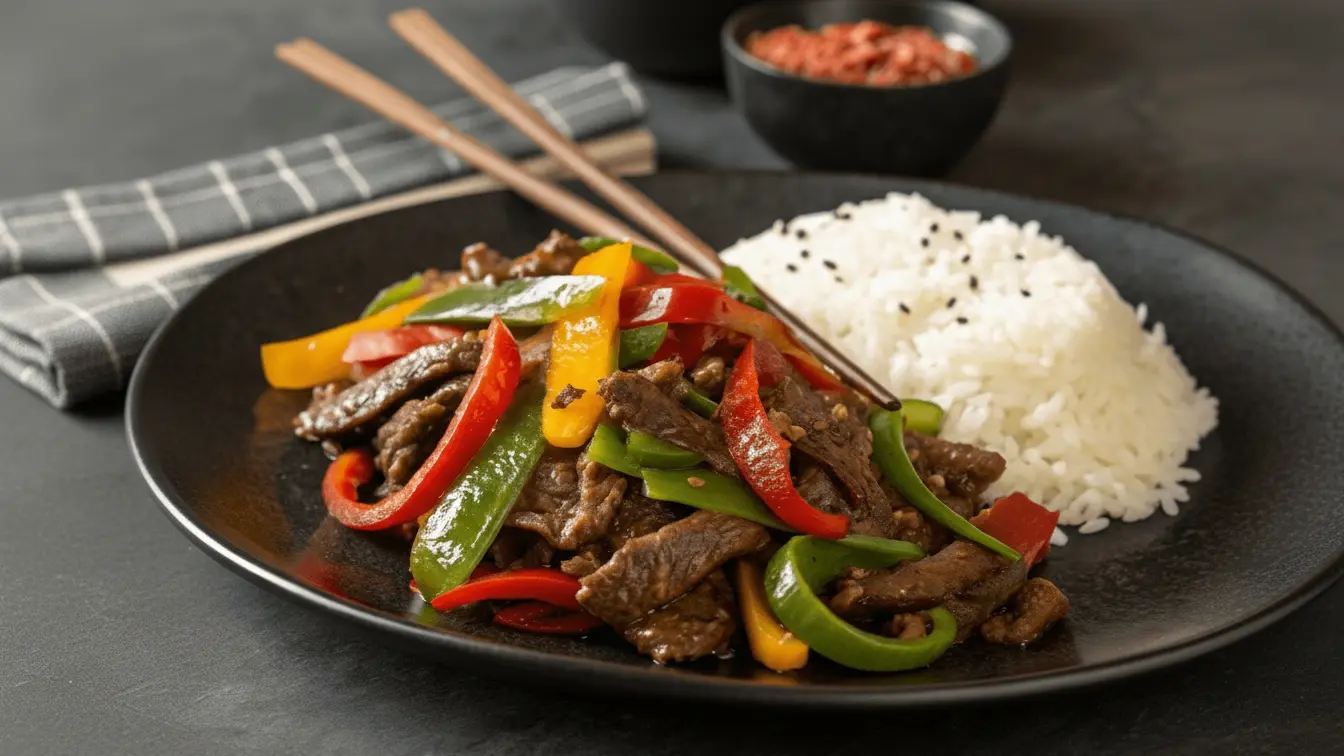 Pepper steak with colorful bell peppers and steamed rice on a black plate