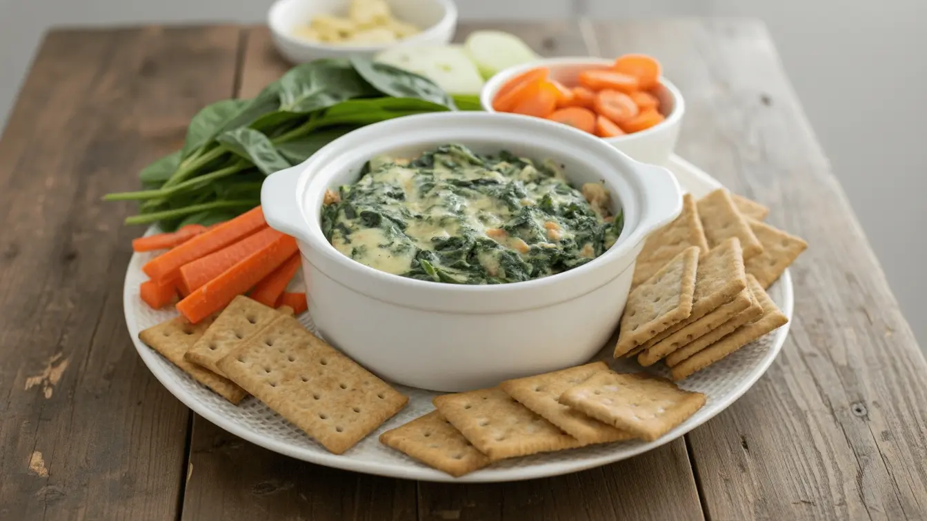 Creamy Crockpot Spinach Artichoke Dip served with crackers and carrot sticks.