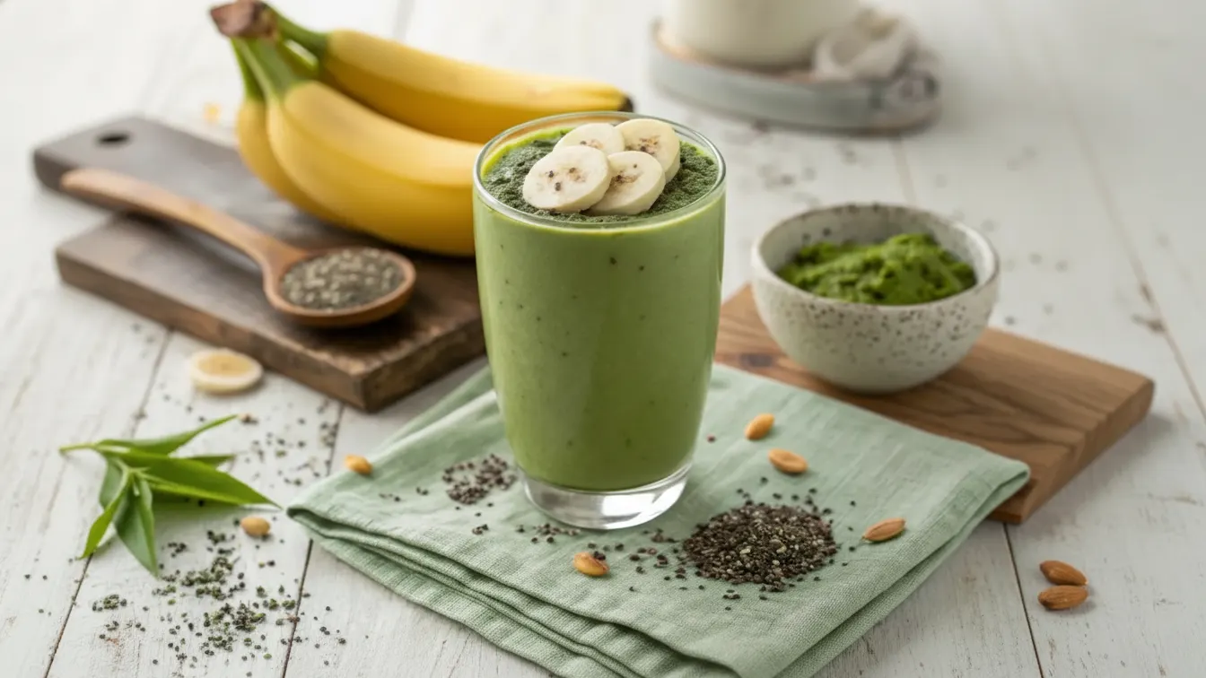 A vibrant Matcha Green Tea Smoothie topped with banana slices and matcha powder, surrounded by fresh bananas, chia seeds, and matcha powder on a soft green cloth.