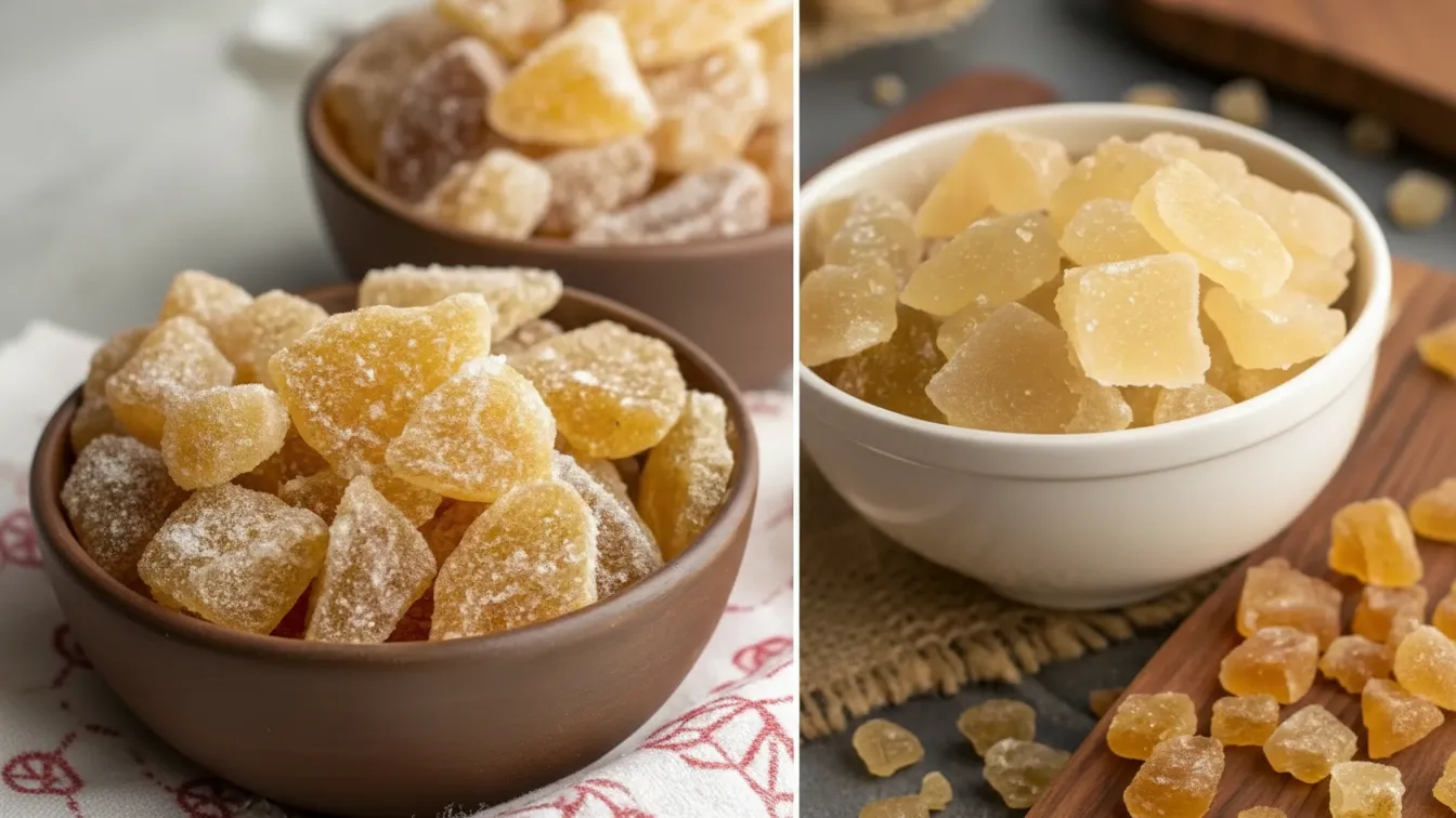 Crystallized ginger pieces with tea and cookies on a wooden tray.
