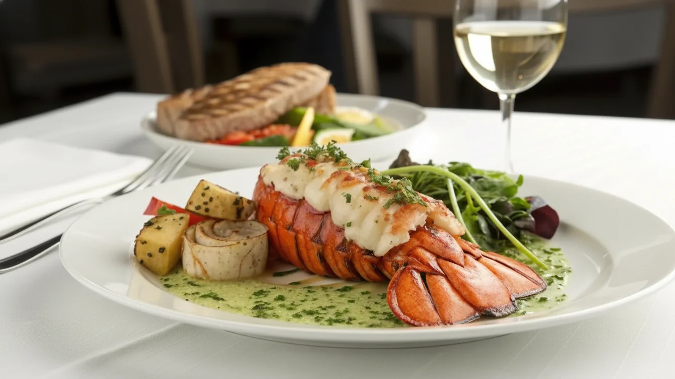 Grilled lobster tail served with potatoes, greens, and white wine on a restaurant table.