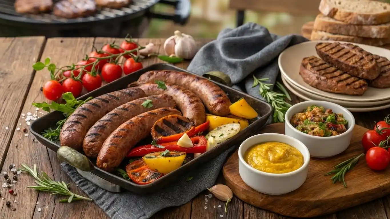 Grilled beef sausages with colorful roasted vegetables, served with mustard and a side dish.