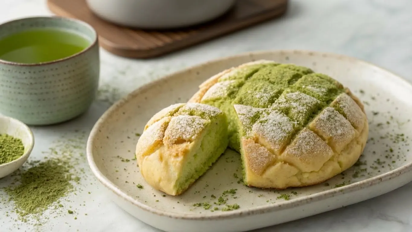 A freshly baked matcha melon pan with a green tea topping, partially sliced on a plate next to a cup of green tea.