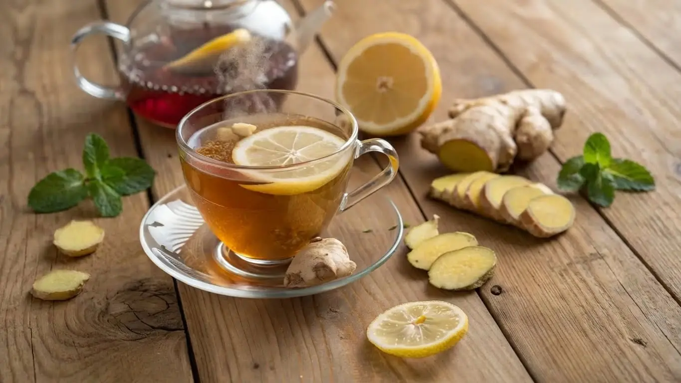 Glass cup of hot ginger lemon tea with fresh ginger, lemon slices, and mint leaves on a wooden table.