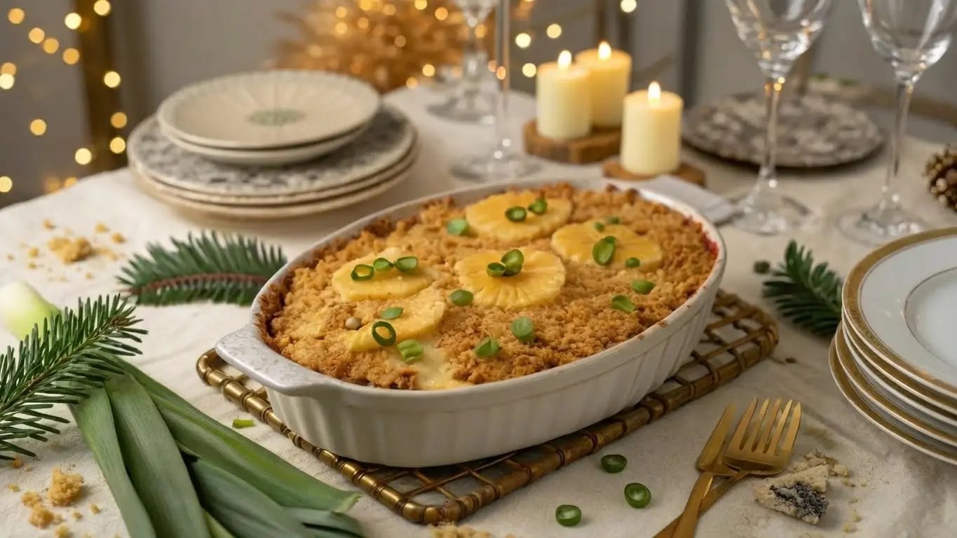 Baked pineapple casserole topped with crumb crust and green onion slices in a white dish on a festive holiday table.