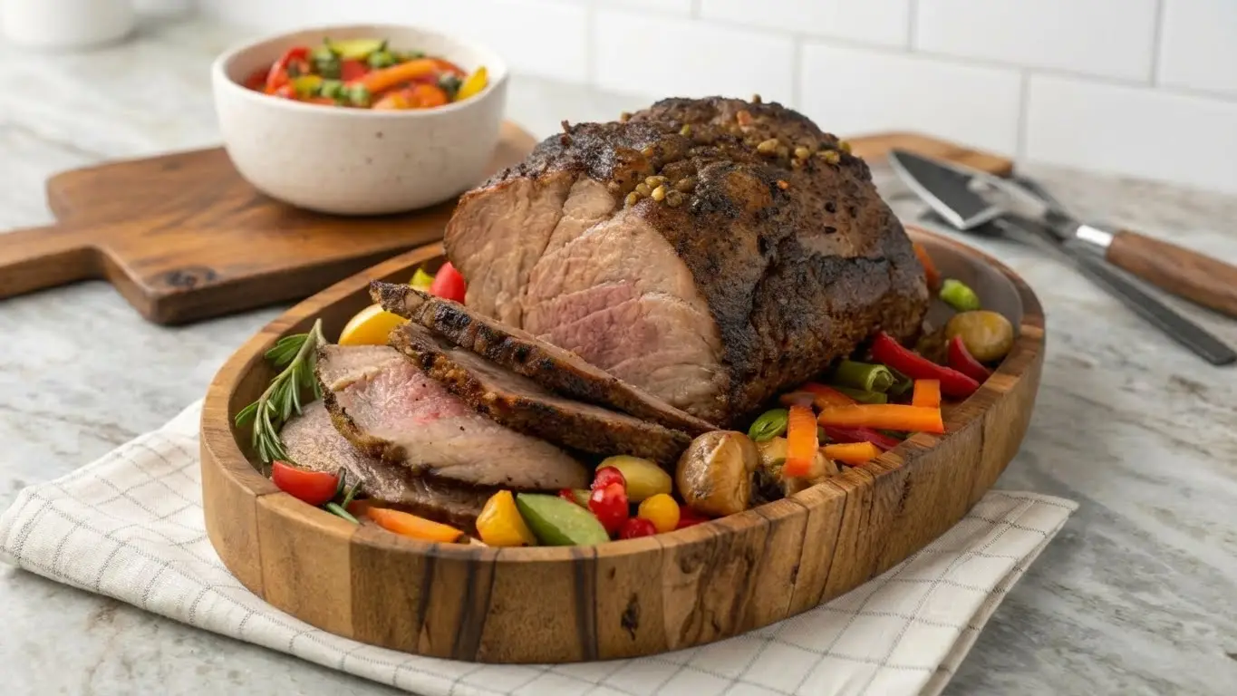 Sliced roast beef on a wooden platter with colorful roasted vegetables on a kitchen counter.