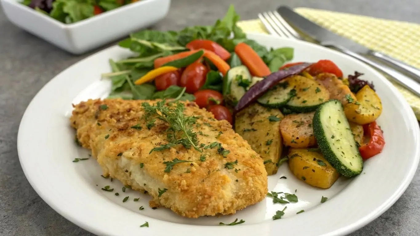 Baked Ranch Chicken served with a fresh salad and roasted vegetables on a plate.