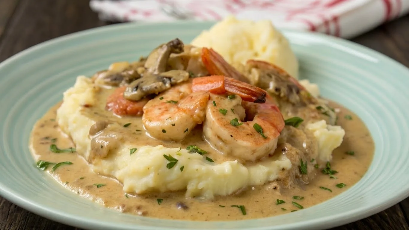Grilled steak with mushroom gravy served alongside mashed potatoes garnished with parsley.