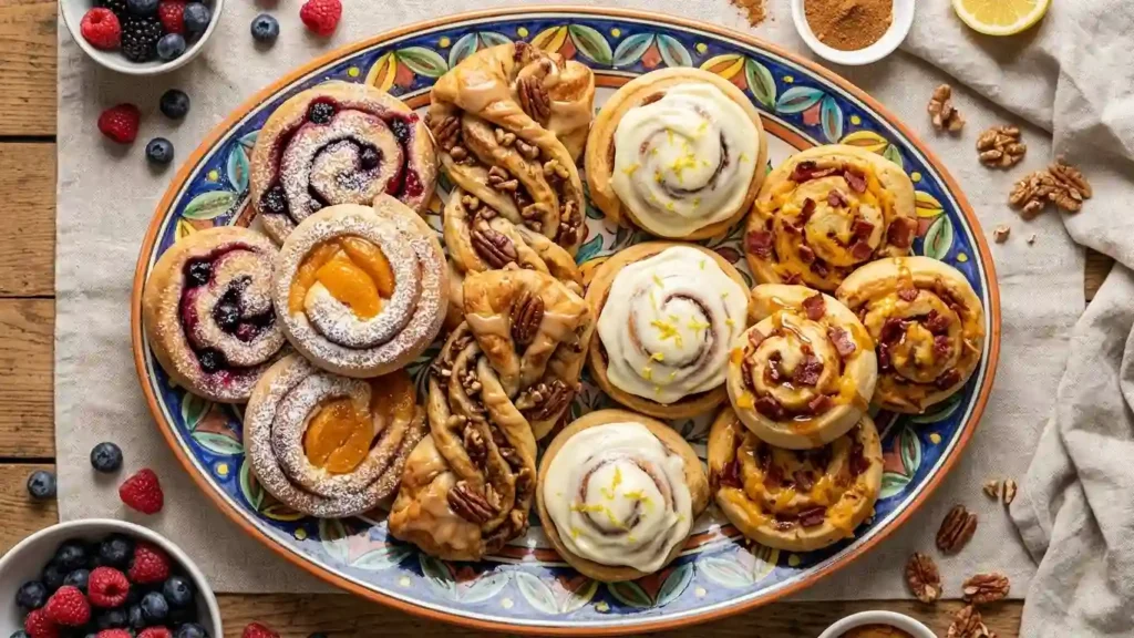 Cinnamon Pastries: Flaky Delights and Sweet Traditions 3 Assorted cinnamon pastries with fruit, nuts, icing, and bacon on a colorful serving platter