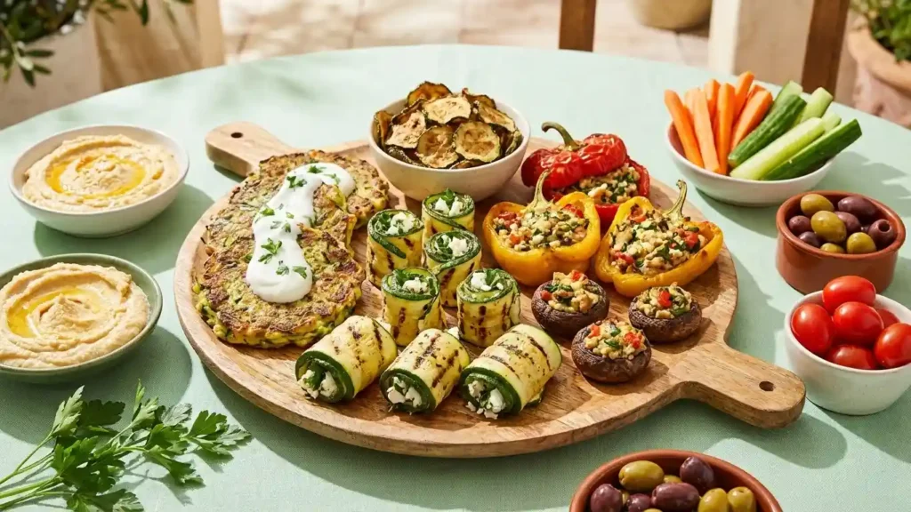 Best Zucchini Appetizer Recipes: Easy, Healthy and Crowd-Pleasing Ideas 1 Healthy appetizer platter with zucchini fritters, grilled zucchini roll-ups, stuffed peppers, stuffed mushrooms, dips, and fresh vegetable sides on a wooden board.