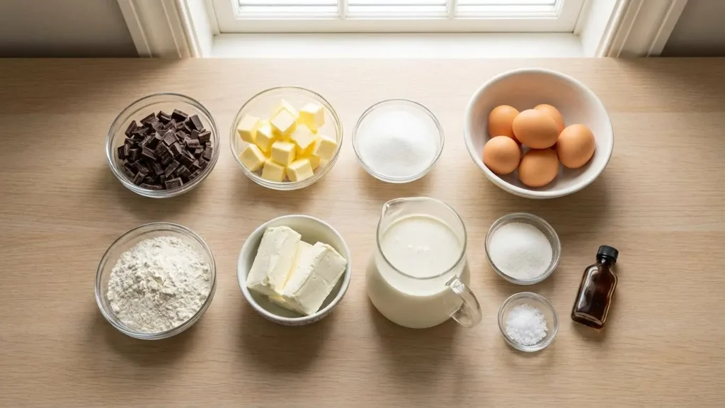 Ultimate Brownie Caramel Cheesecake Guide 1 Top view of brownie caramel cheesecake ingredients in glass bowls on a wooden counter