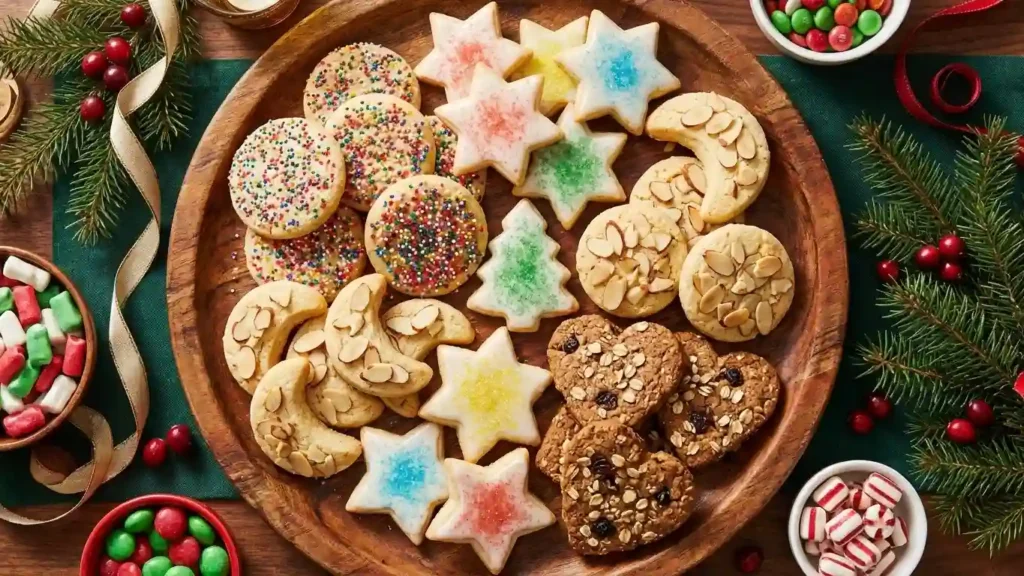 Large wooden platter filled with assorted decorated sugar cookies in different shapes, surrounded by Christmas candies and evergreen branches.
