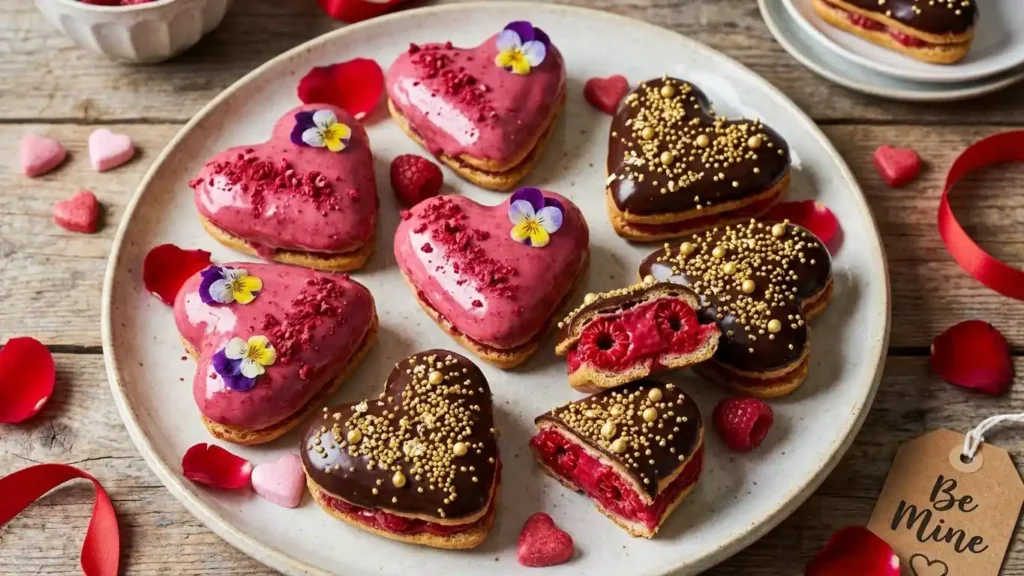 Heart-Shaped Chocolate Éclairs: Romantic Recipe Guide 3 Assorted heart-shaped éclairs with pink berry glaze and dark chocolate topping, filled with raspberries and decorated with flowers and gold sprinkles on a plate.