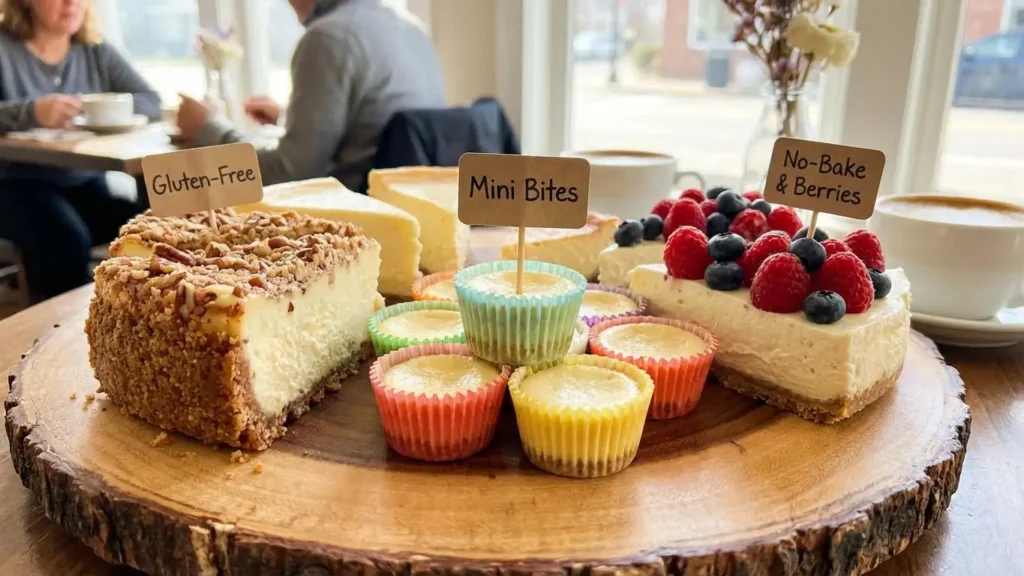 New York-Style Cheesecake: The Ultimate Guide to a Rich, Creamy Classic 3 Assorted New York-style cheesecake variations on a wooden platter, including gluten-free slice, mini bites in colorful wrappers, and a no-bake berry-topped cheesecake.