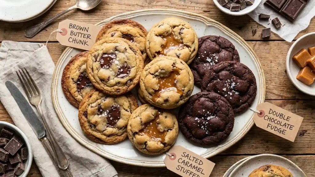 Best Chocolate Chip Cookies 3 Assortment of gourmet chocolate chip cookie variations on a serving platter