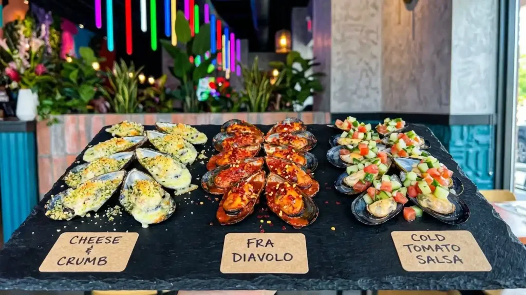Appetizer Mussels: Delicious Recipes and Ideas 3 Assortment of creative appetizer mussels served three ways—cheese and crumb, Fra Diavolo, and cold tomato salsa—on a slate platter in a colorful restaurant.