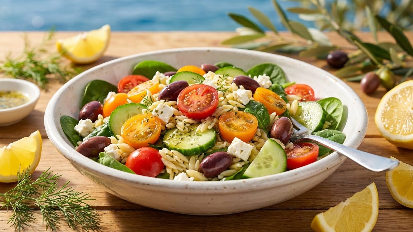 Fresh Greek orzo salad with cherry tomatoes, cucumbers, olives, spinach, and feta in a white bowl on a wooden table by the sea.