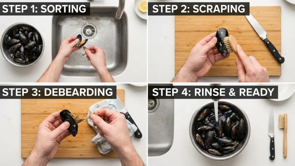 Appetizer Mussels: Delicious Recipes and Ideas 1 Step‑by‑step tutorial showing how to clean fresh mussels: sorting, scraping, debearding, then rinsing them until ready to cook.