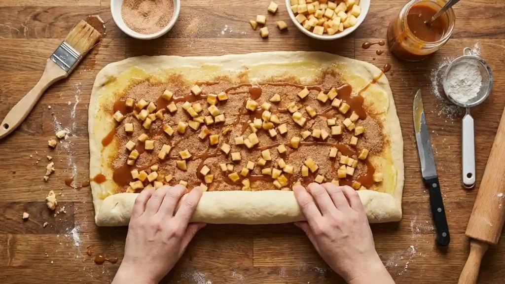 Caramel Apple Cinnamon Rolls 2 Hands rolling dough for caramel apple cinnamon rolls on a wooden surface, topped with cinnamon sugar, diced apples and caramel sauce.