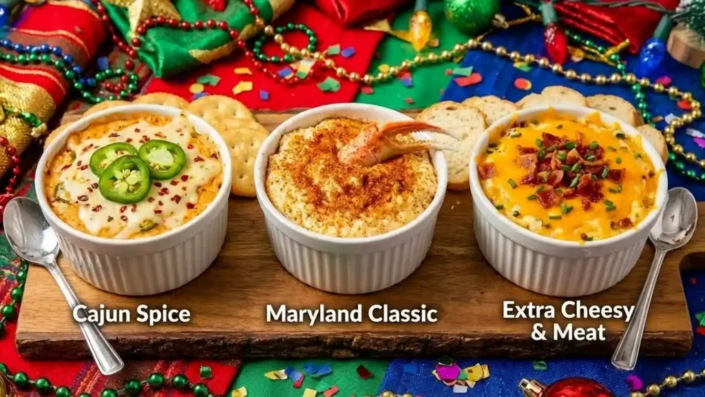 Ultimate Hot Crab Dip Appetizer Guide 3 Three varieties of hot crab dip in ramekins on a festive holiday table
