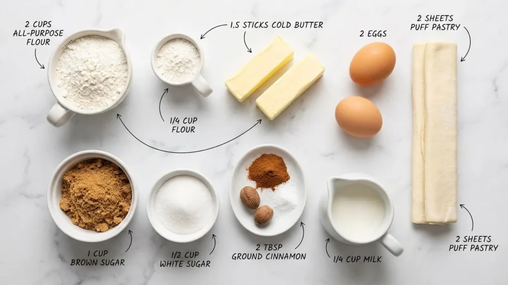 Cinnamon Pastries: Flaky Delights and Sweet Traditions 1 Flat lay of measured ingredients for making cinnamon pastries on a white surface