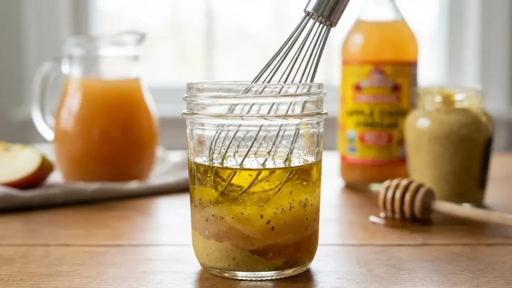 Roasted Vegetables with Apple Cider Vinaigrette Bliss – The Ultimate Cozy Side Dish 2 Glass jar of apple cider vinaigrette being whisked on a wooden table with cider, vinegar, mustard, and honey in the background.