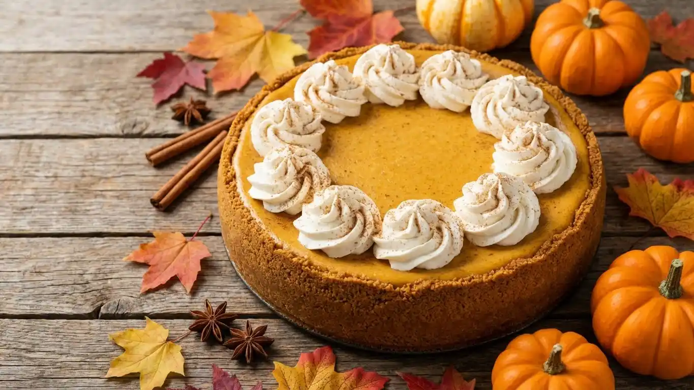 Pumpkin cheesecake with gingersnap crust topped with whipped cream and surrounded by mini pumpkins and autumn leaves