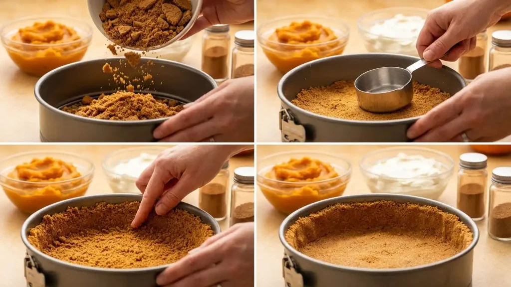 Irresistible Pumpkin Cheesecake Bars with Gingersnap Crust 2 Step-by-step making a gingersnap crust for pumpkin cheesecake in a springform pan