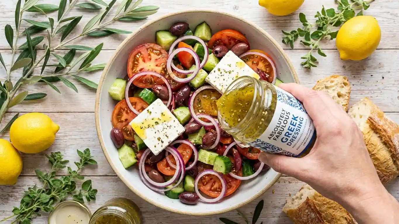 Hand pouring Absolutely Fabulous Greek salad dressing over a fresh Greek salad with tomatoes, cucumbers, olives, red onion, and feta.