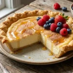 Slice of sopapilla cheesecake pie topped with fresh berries and honey on a rustic wooden table.