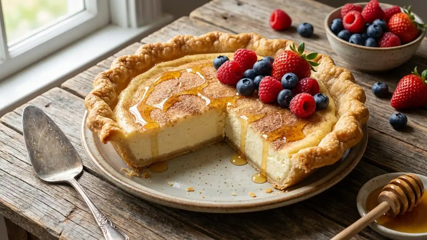 Slice of sopapilla cheesecake pie topped with fresh berries and honey on a rustic wooden table.