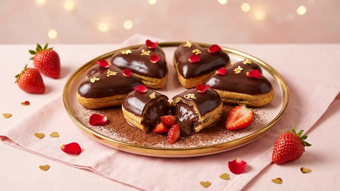 Plate of glossy heart-shaped chocolate éclairs topped with gold leaf and rose petals, served with fresh strawberries on a pink table.