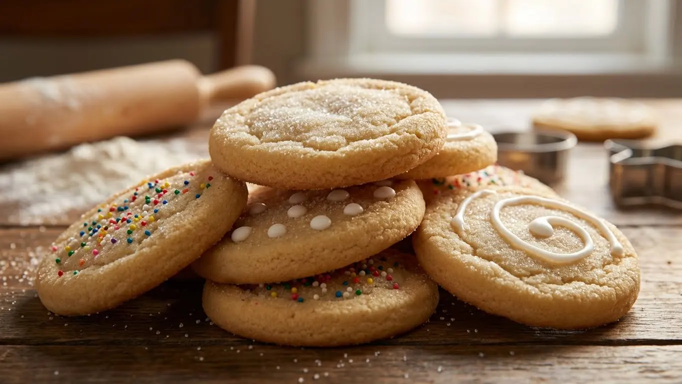 A stack of soft easy sugar cookies decorated with sugar, icing, and colorful sprinkles on a rustic wooden table.