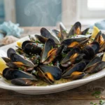 Steaming appetizer mussels in garlic white wine sauce served on a platter with lemon wedges, crusty bread, and dipping sauce.