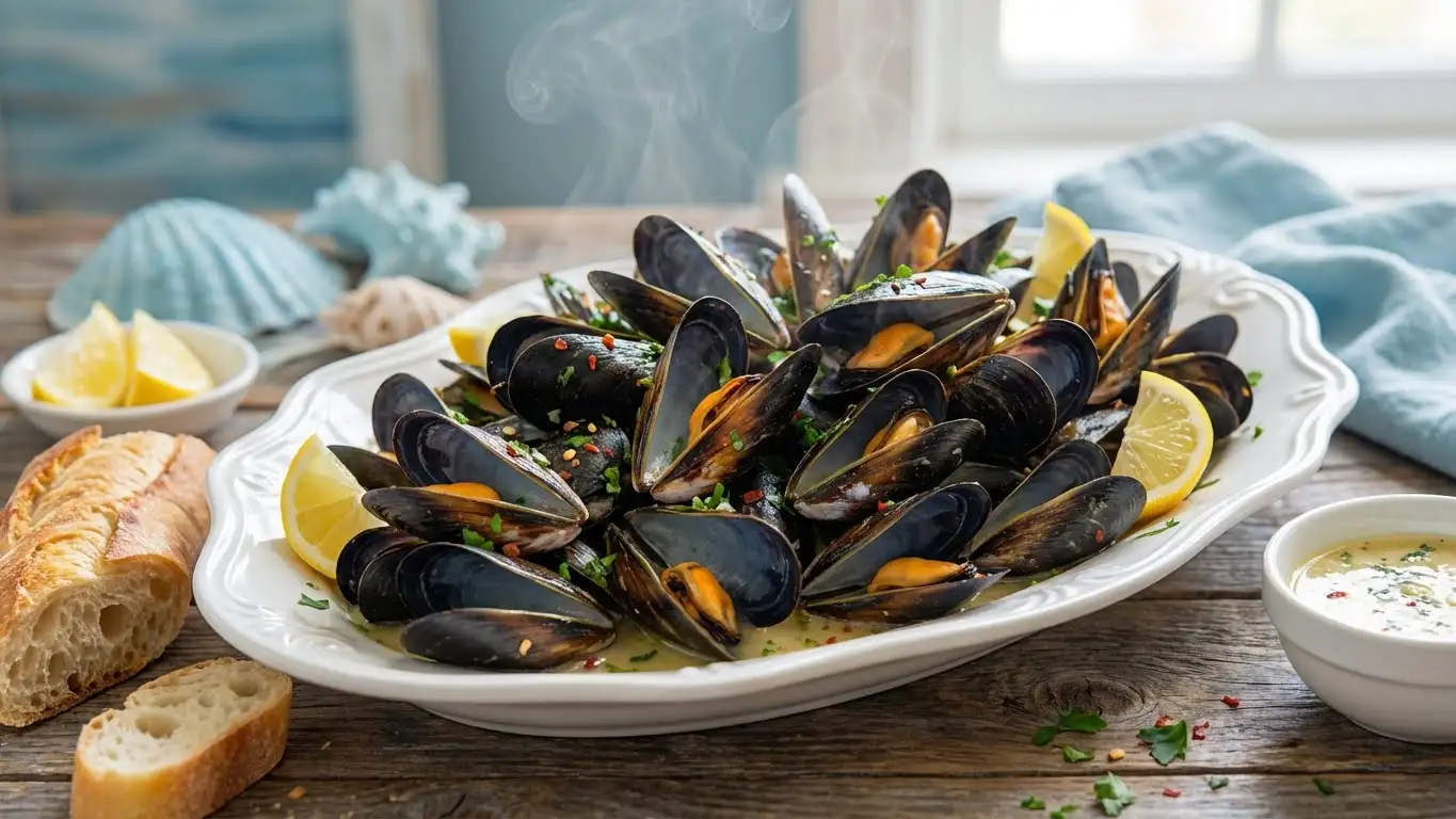 Steaming appetizer mussels in garlic white wine sauce served on a platter with lemon wedges, crusty bread, and dipping sauce.