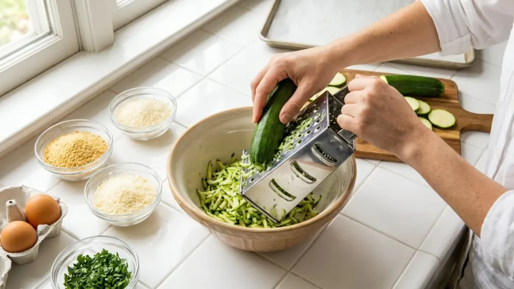Best Zucchini Appetizer Recipes: Easy, Healthy and Crowd-Pleasing Ideas 3 Hands grating fresh zucchini into a mixing bowl with eggs, cheese, breadcrumbs, and herbs arranged on a white kitchen counter.