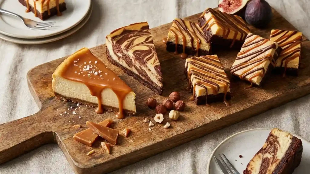 Ultimate Brownie Caramel Cheesecake Guide 3 Assorted brownie caramel cheesecake slices on a wooden serving board