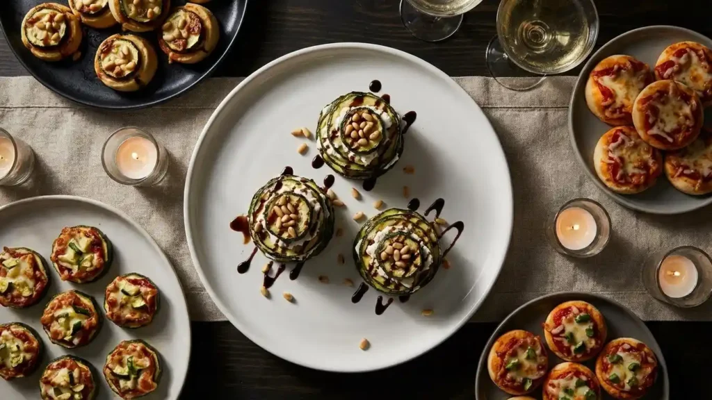 Best Zucchini Appetizer Recipes: Easy, Healthy and Crowd-Pleasing Ideas 2 Elegant zucchini stacks with goat cheese and pine nuts on a white plate, surrounded by mini zucchini and pizza appetizers on a dark table with candles and wine.