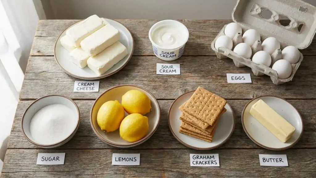 New York-Style Cheesecake: The Ultimate Guide to a Rich, Creamy Classic 1 Flat lay of New York-style cheesecake ingredients labeled on a rustic wooden table, including cream cheese, sour cream, eggs, lemons, sugar, graham crackers, and butter.