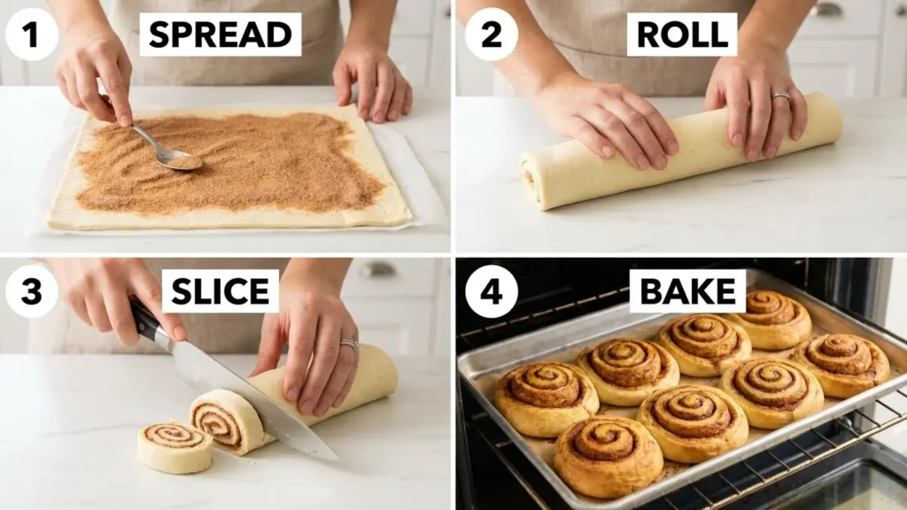 Cinnamon Pastries: Flaky Delights and Sweet Traditions 2 Step-by-step image showing how to make cinnamon rolls: spread, roll, slice, and bake