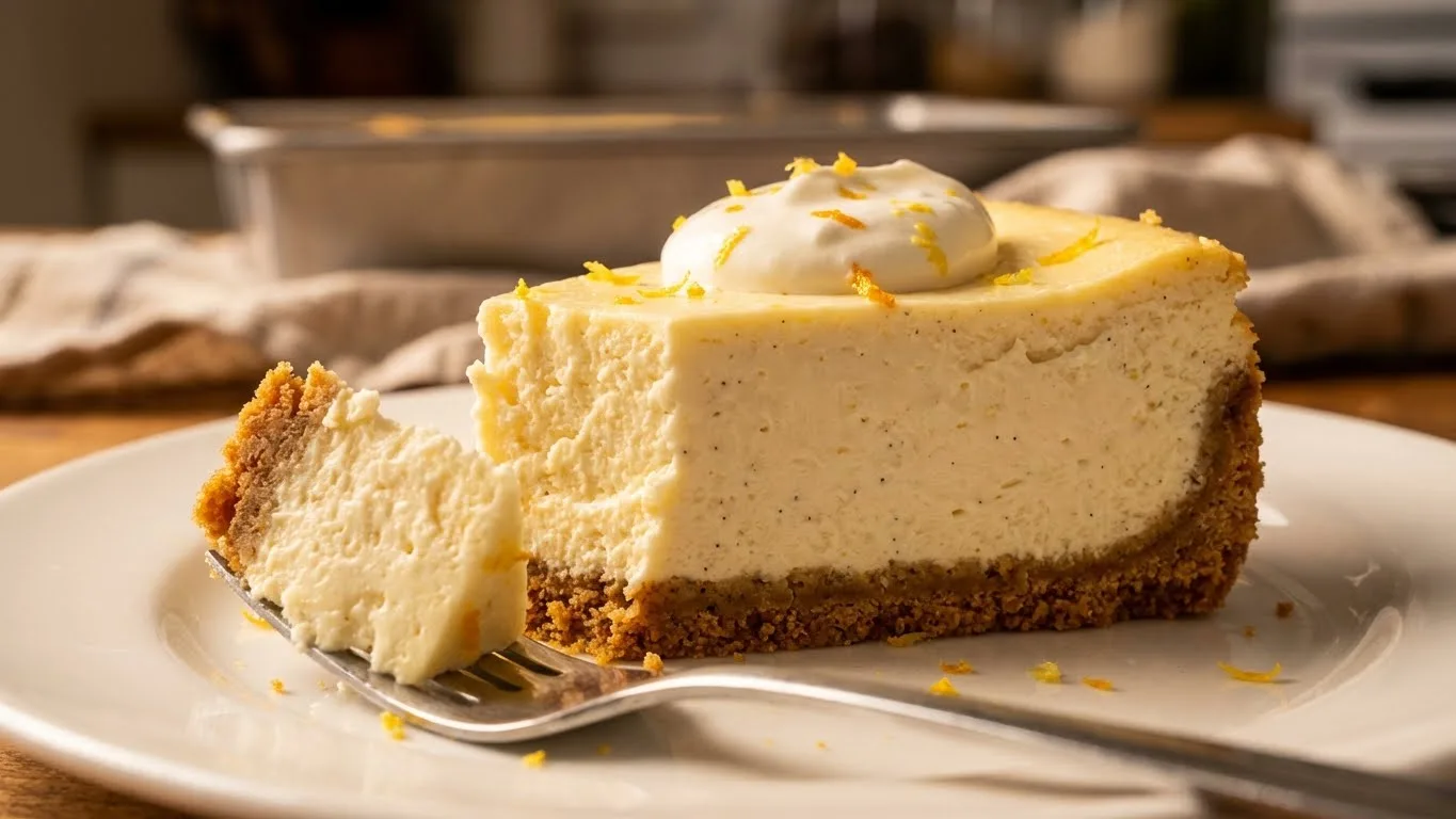 Close-up slice of New York-style cheesecake with graham cracker crust, whipped cream, and lemon zest on a white plate.